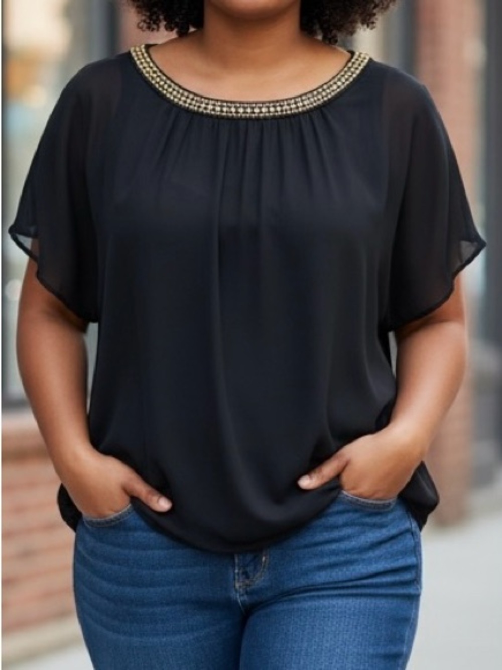 LOFT Petite Loose Fit Blouse with Beaded Neckline Size LP